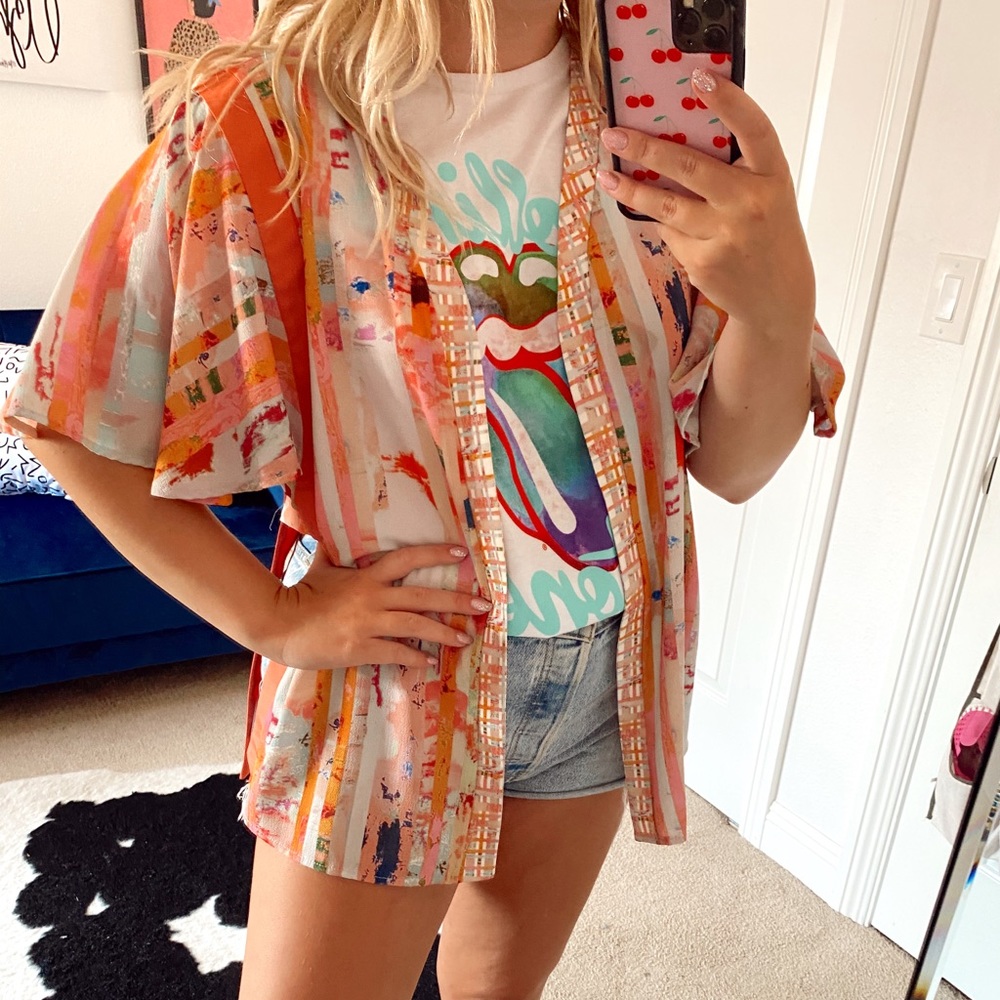Anthropologie floreat orange floral kimono shall